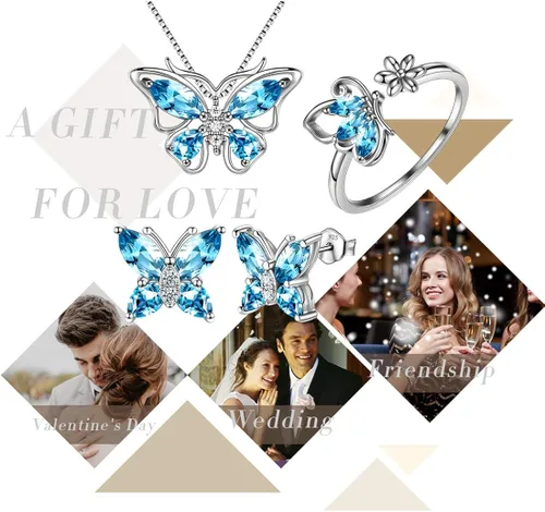 Vista 4 de Aurora Tears - Collar de mariposas de plata esterlina 925 para mujer collar aretes y anillos de boda para regalar