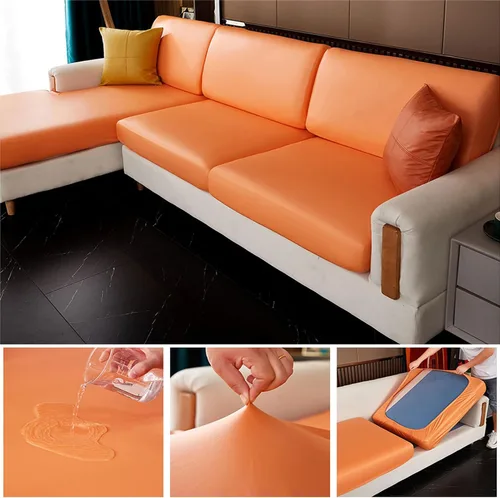 Vista 2 de HUHJYUGE Funda de cojín impermeable para sofá, cojín elástico de piel sintética, protector de muebles antideslizante con parte inferior elástica