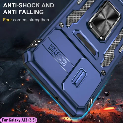 Vista 7 de Funda resistente para Samsung Galaxy A13 (5G), protector híbrido de goma de doble capa de grado militar con protector de cámara deslizante, soporte