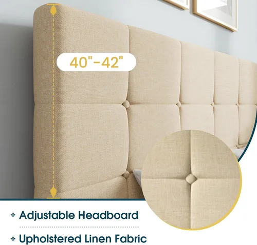 Vista 65 de WEEWAY Base de cama de plataforma tamaño King con 4 cajones de almacenamiento, cabecera capitonada con botones de costura de diamante, base de Negro