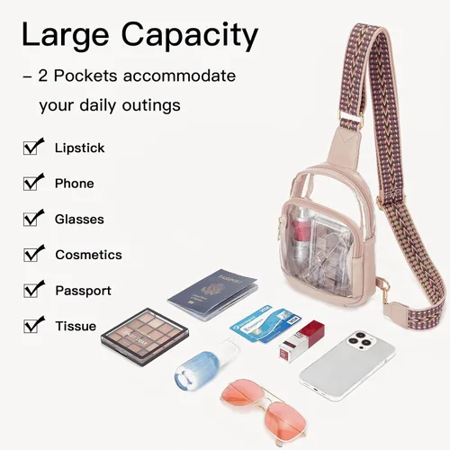 Vista 3 de Telena Cangurera transparente, bolsas transparentes para mujeres, bolsa transparente aprobada por estadios para conciertos con correa ajustable