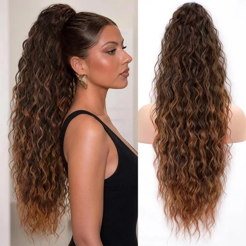 Vista 29 de KooKaStyle Extensión de cola de caballo con cordón de 26 pulgadas (66 cm) para mujeres, extensiones de cabello sintético rizado largo para uso