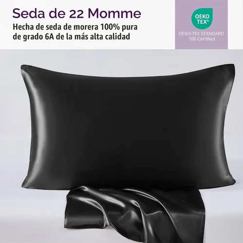 Vista 2 de Mulberry Park - Funda de almohada 100% seda, 22 mommes, seda de morera grado 6A, cierre de sobre profundo, color negro/estándar (20 x 26 pulgadas)