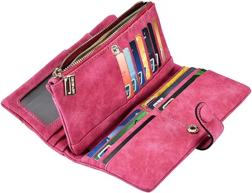 Vista 2 de Cartera de cuero vegano para mujer, bolso de mano plegable de gran capacidad, organizador de tarjetas, con hebilla, bolso largo para niñas
