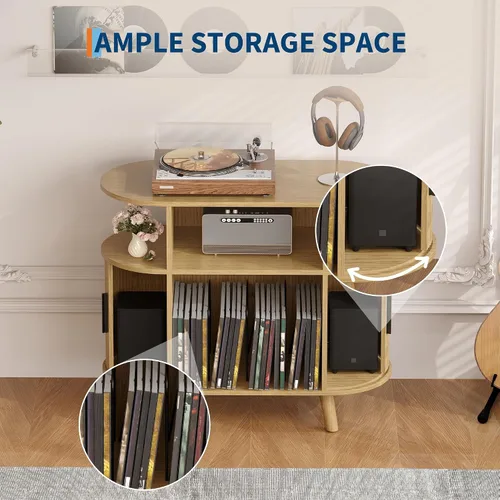 Vista 7 de GarveeHome Large Round Record Player Stand with Charging Station and USB Ports, Mid-Century Rustic Vinyl Record Player Turntable Stand Storage