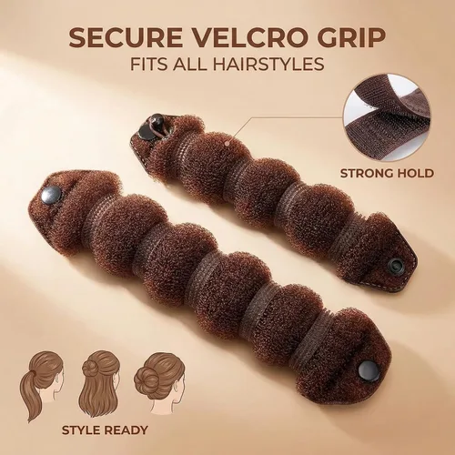 Vista 4 de Rosquilla de pelo mágica para formar rodetes, 3 piezas (1 grande y 2 pequeñas), con clip, Marrón