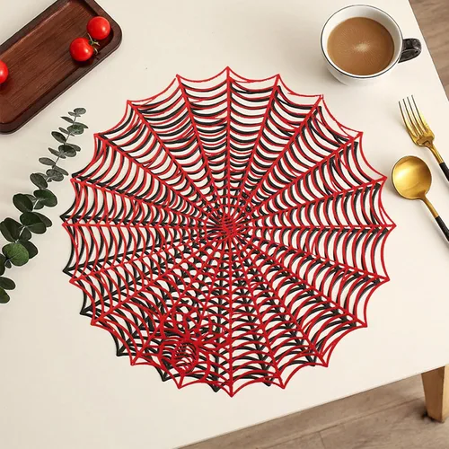 Vista 5 de Juego de 4 manteles individuales redondos de Halloween de 12 pulgadas, manteles individuales de tela de araña negra de poliéster con diseño hueco