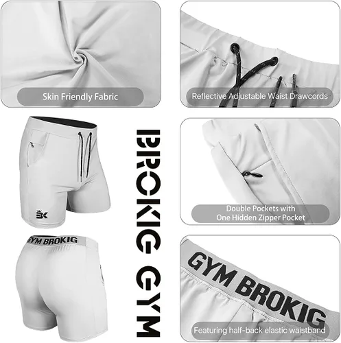 Vista 5 de BROKIG Pantalones cortos de gimnasio ligeros para hombre, pantalones cortos de entrenamiento atlético para hombre con bolsillos para culturismo
