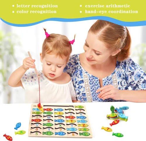 Vista 12 de Slotic Juego de pesca de madera magnético para niños pequeños – Alfabeto ABC Fish Catching Counting Aprendizaje Educación Matemáticas Preescolar
