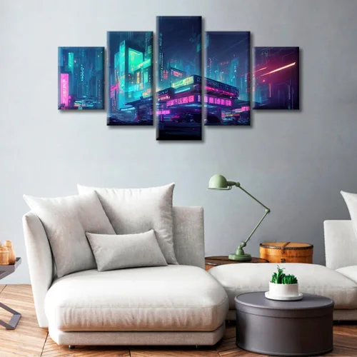 Vista 311 de Cuadros de 5 paneles de Cyberpunk City, arte de pared, representación de vallas publicitarias, edificios modernos en la capital con obras de arte