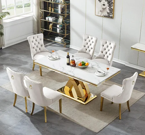 Vista 2 de Juego de mesa de comedor moderna de mármol sintético de oro blanco de 68 pulgadas para 6, juego de mesa rectangular de 7 piezas con patas de acero