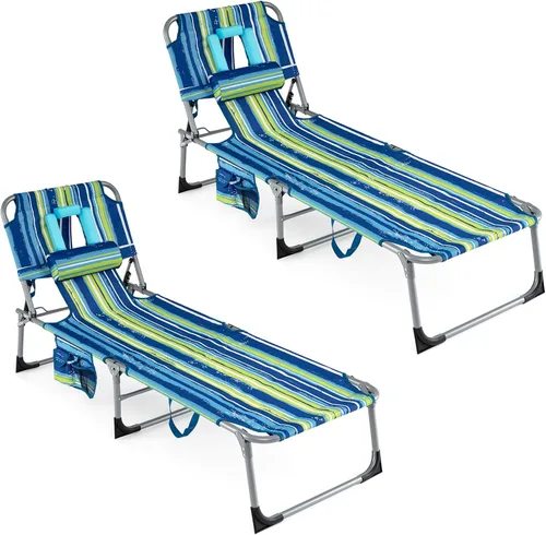 Vista 20 de COSTWAY Silla de salón plegable de playa, silla de bronceado con agujero para la cara, respaldo ajustable de 5 posiciones, almohada y bolsillo