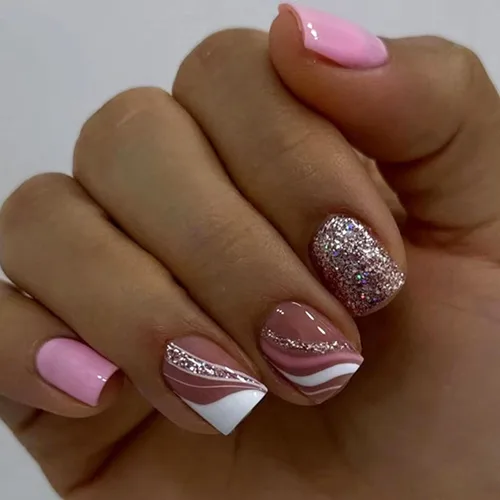 Vista 16 de Uñas postizas francesas con punta negra y borde corto, uñas falsas con diseños de hoja de oro, uñas de acrílico artificiales de cobertura completa