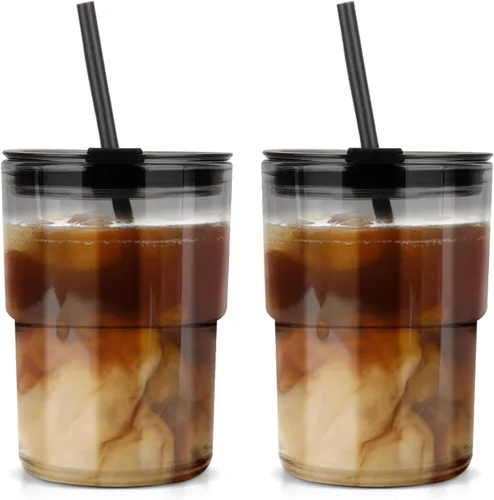 Vista 19 de Luxfuel Vaso Tumbler de Agua de Vidrio de 13 onzas con Pajita y Tapa, Tazas Reutilizables para Café Helado, Té Helado, Vaso Tumbler de Vidrio