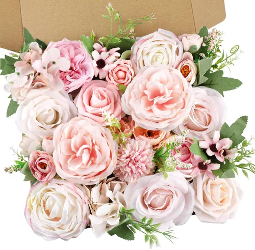 Vista 13 de AmyHomie - Juego de flores artificiales azules, mezcla de seda, peonía, rosa, hortensia, flores falsas con tallo para bricolaje, ramos de boda