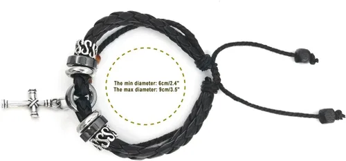 Vista 10 de Suyi brazalete ajustable con varias capas, de cuero tejido trenzado con cruz. Pulsera tipo esclava.