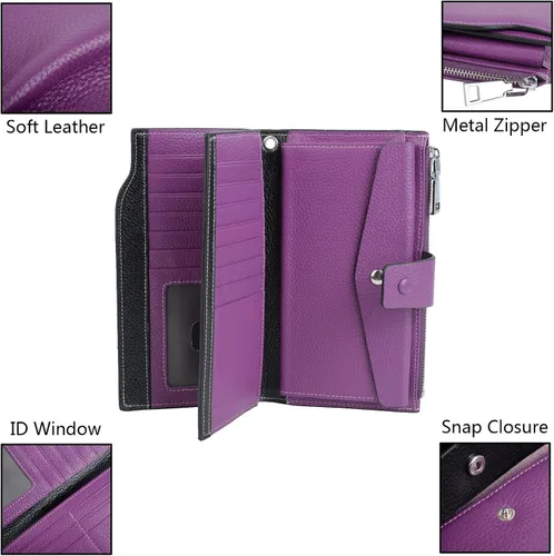 Vista 5 de YALUXE Cartera de piel auténtica para mujer, con bloqueo RFID, tarjetero múltiple con bolsillo para teléfono celular