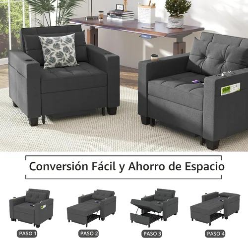 Vista 8 de Silla cama 3 en 1 de 36 pulgadas, sofá cama extraíble convertible, lino Gris-oscuro