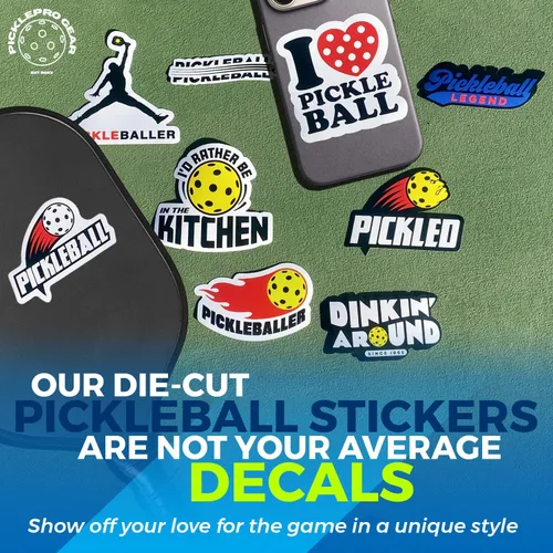 Vista 2 de Juego de calcomanías de pickleball – 9 divertidas calcomanías de vinilo + 10 pulseras de primer servidor – Accesorios de pickleball y regalos
