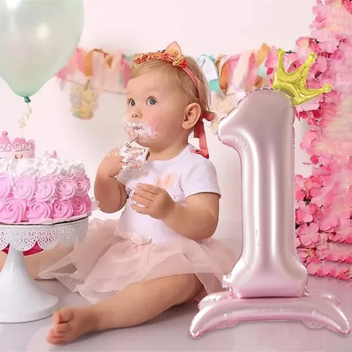 Vista 3 de Globo con Corona Rosa Número 1 de Tellpet con Base para Decoración de Fiesta de Primer Cumpleaños de Niñas