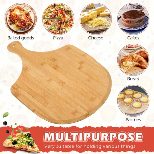 Vista 4 de Norme Juego de 6 piezas de cáscaras de pizza de bambú, paleta de madera para pizza con asa, tabla de cortar de madera, accesorio de horno