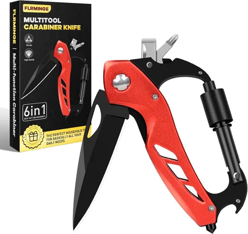 Vista 10 de Herramienta múltiple con mosquetón con cuchillo de bolsillo, equipo de supervivencia para camping y senderismo, llavero con mosquetones EDC