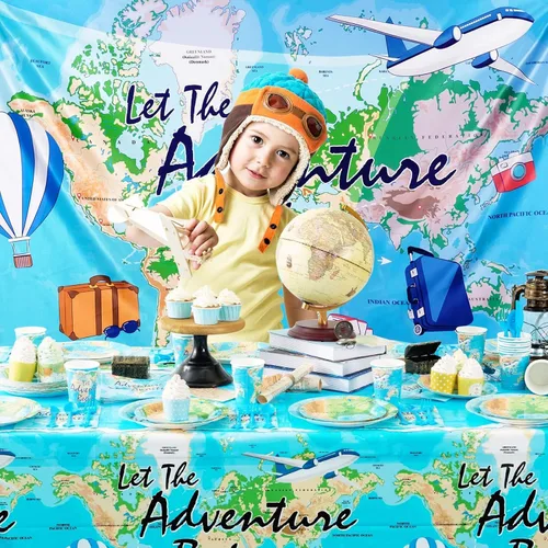 Vista 6 de WERNNSAI Mantel de viaje – 1 mantel de 108 x 54 pulgadas con mapa del mundo Adventure World Awaits Bon Voyage - Decoraciones de fiesta