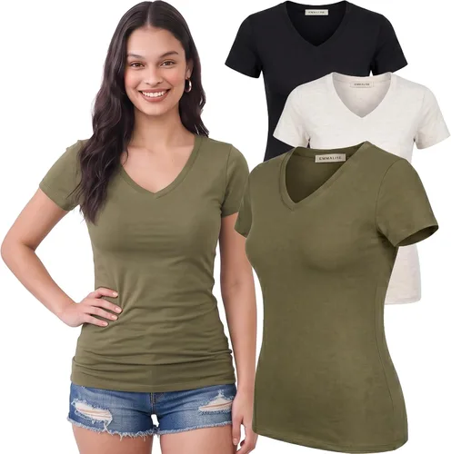 Vista 167 de Emmalise Camiseta de manga corta para mujer, cuello en V, tallas junior y plus