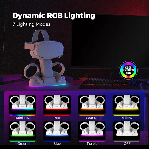 Vista 5 de Gamulus Base de carga RGB 2 en 1 y base de soporte para Meta Quest 2, auriculares y controladores VR estación de acoplamiento de carga rápida