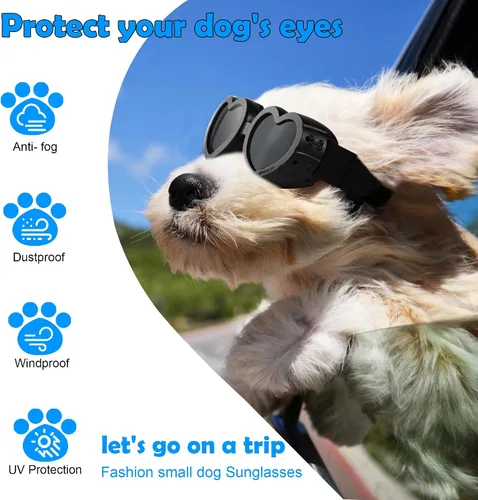 Vista 5 de Gafas de sol para perros de raza pequeña, protección UV con correa ajustable, gafas en forma de corazón para impermeables, resistentes al viento
