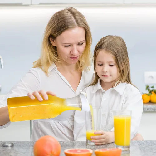 Vista 5 de 3 piezas Jarra de agua de plástico de 32 oz con tapa abatible, contenedores de jugo de base cuadrada, jarra de suministros para bar de mimosa
