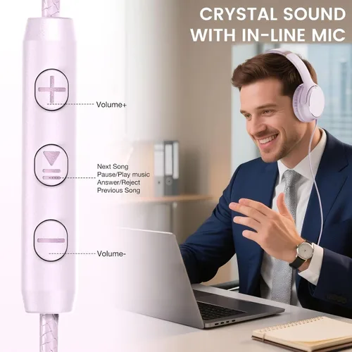 Vista 6 de Auriculares con cable USB C sobre la oreja con micrófono, control de volumen, puerto compartido y diadema ajustable, auriculares estéreo plegables