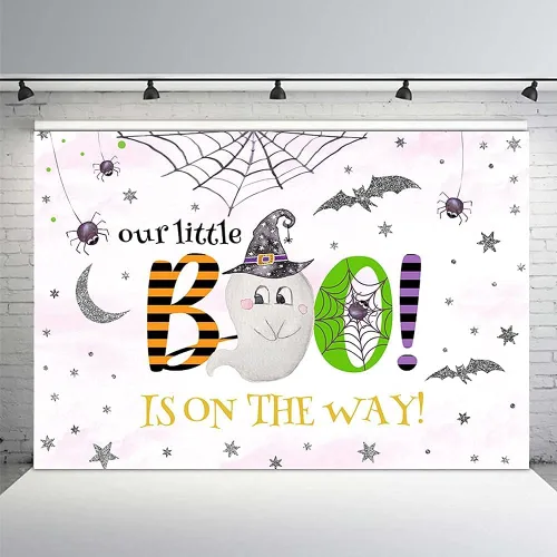 Vista 10 de MEHOFOND Fondo de Halloween de 7 x 5 pies para baby shower, fondo azul y plateado para fiesta de otoño, decoración de mesa, suministros
