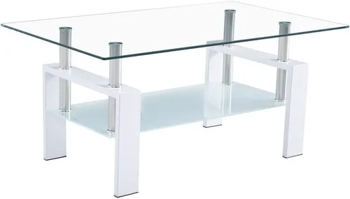 Vista 10 de Mesa de centro de cristal de 2 niveles, mesa de centro de vidrio templado, mesa central moderna rectangular mesa de té ovalada de vidrio con estante