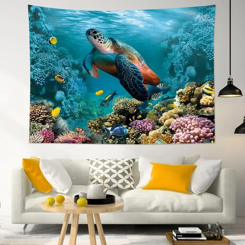 Vista 2 de HVEST Tapiz de tortuga marina para colgar en la pared, peces tropicales y coral en mundo submarino para dormitorio, océano azul, paisaje natural