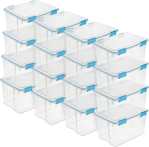 Vista 34 de Sterilite 19414306 - Caja de almacenamiento de plástico transparente de 7.5 cuartos y tapa con pestillos azules