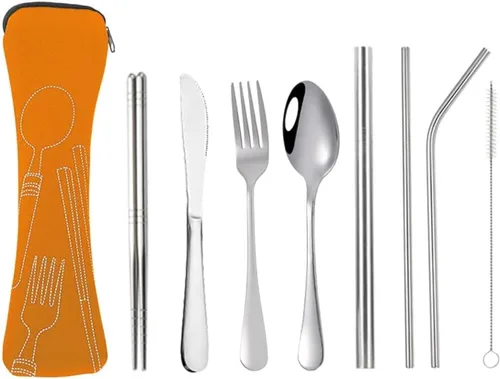 Vista 5 de Hoshen Cuchillo de acero inoxidable, tenedor, cuchara, palillos, vajilla de paja, juego de ocho piezas de vajilla occidental, cuchillo y tenedor
