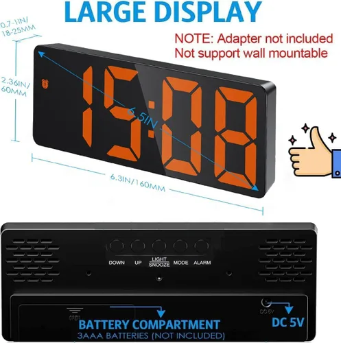 Vista 2 de AMIR Reloj despertador digital, reloj LED para dormitorio, reloj electrónico de escritorio con pantalla de temperatura, brillo ajustable, control