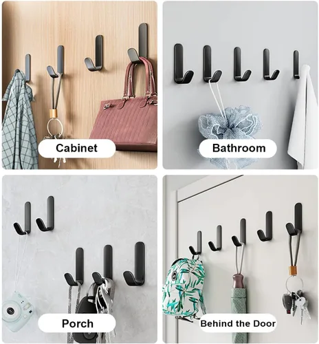 Vista 7 de Ganchos adhesivos, 12 piezas, resistentes, sostienen hasta 12 libras, colgador de pared de acero inoxidable negro, gancho adhesivo para colgar