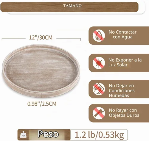Vista 6 de Hanobe - Bandeja decorativa redonda de madera para decoración de mesa auxiliar, color blanco 11.8" Small Rustic Circle Platters for Modern