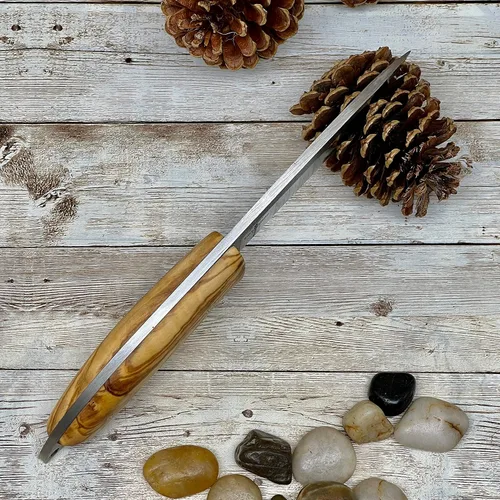 Vista 7 de Cuchillo de caza con mango de madera personalizado y funda de cuero para regalo, mango de oliva Bohler N690 Bushcraft