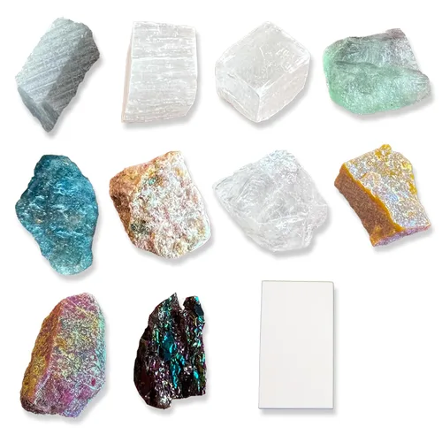 Vista 4 de Kit de prueba de dureza de Moh's, incluye 10 especímenes minerales de roca y 1 placa de rayas de porcelana sin esmaltar para explorar