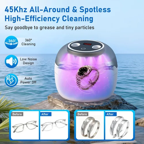 Vista 2 de Limpiador ultrasónico de joyas Máquina de limpieza ultrasónica de 45 KHz con 4 modos y pantalla de temporizador digital Limpieza de bajo ruido