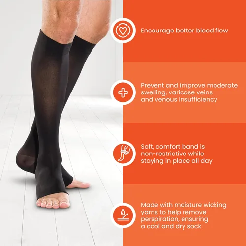 Vista 3 de THERAFIRM Medias altas hasta la rodilla con punta abierta, 20-30 mmHg con soporte de compresión moderada