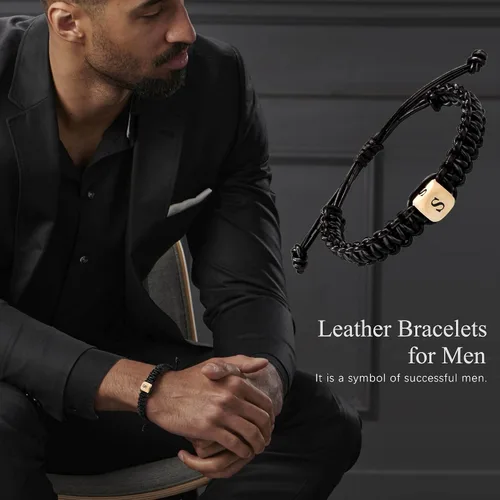 Vista 2 de Btysun Pulsera de cuero para hombre, pulseras con inicial A-Z para niño, papá, hermano, regalos de graduación para él, novio, marido, ajustable