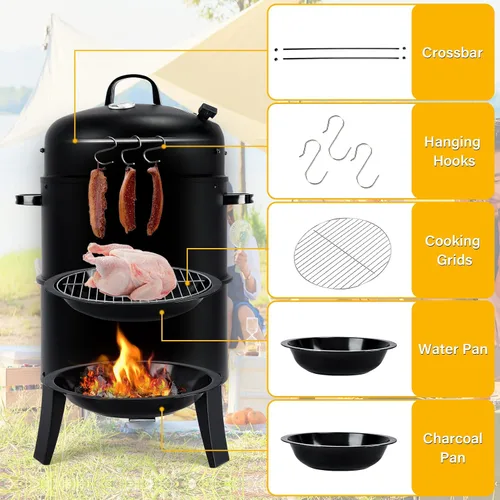 Vista 7 de Parrilla vertical para ahumar carbón de 32 pulgadas, parrilla de barbacoa resistente con termómetro integrado, parrilla 3 en 1 y ahumador, olla