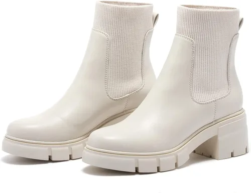 Vista 7 de REDTOP Botas Chelsea elásticas para mujer con tacón grueso en bloque, plataforma y suela con relieves, botines al tobillo