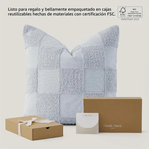 Vista 5 de Fundas de almohada de doble puntada 100 % algodón, fundas de almohada decorativas bohemias a cuadros con mechones de 20 x 20 pulgadas, hechas