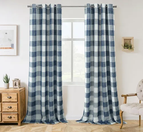 Vista 39 de Cortinas de cuadros de búfalo DriftAway a cuadros negro y blanco extralargas con tratamiento ojo de sargento para dormitorio y sala de estar