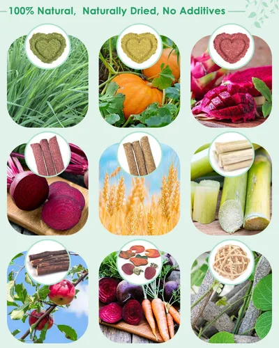 Vista 3 de ERKOON 33 juguetes masticables de conejo para dientes de conejo, juguetes naturales de conejo de madera de manzana, zanahoria, golosinas de hierba